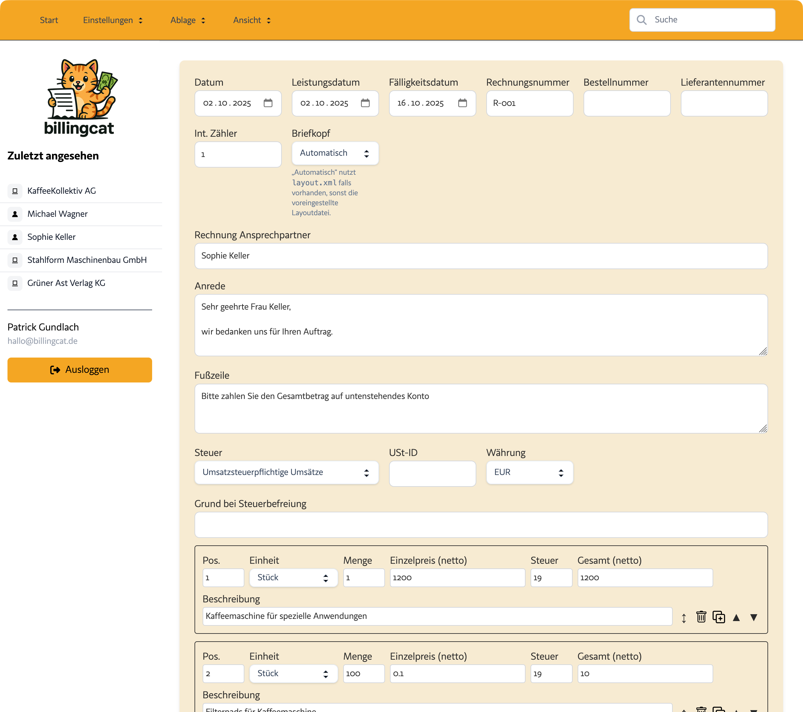 Screenshot: Rechnung erstellen